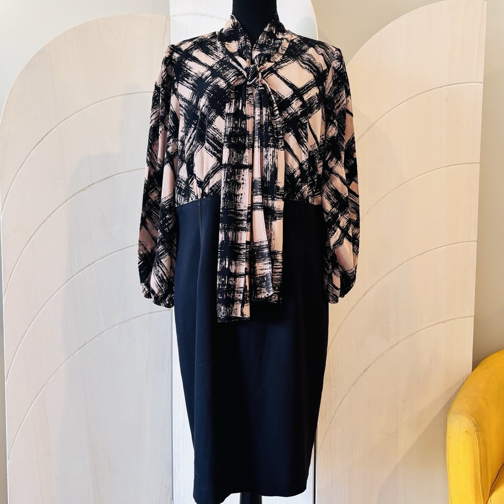 Anne Klein Sheath Dress Size 16 Black Beige Tie Neck Long Sleeve Classic